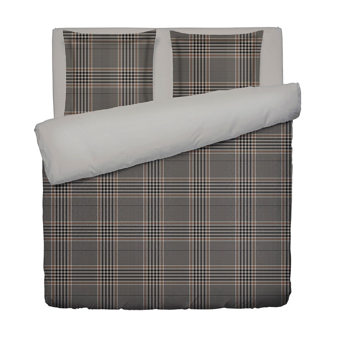 Housse de couette + taie d'oreiller satin de coton - Prince de Galles Brun