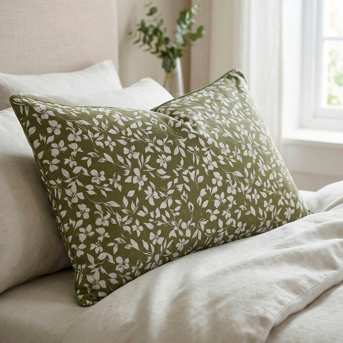 Duvet cover + pillowcase cotton satin - Fleurs minimalistes Green