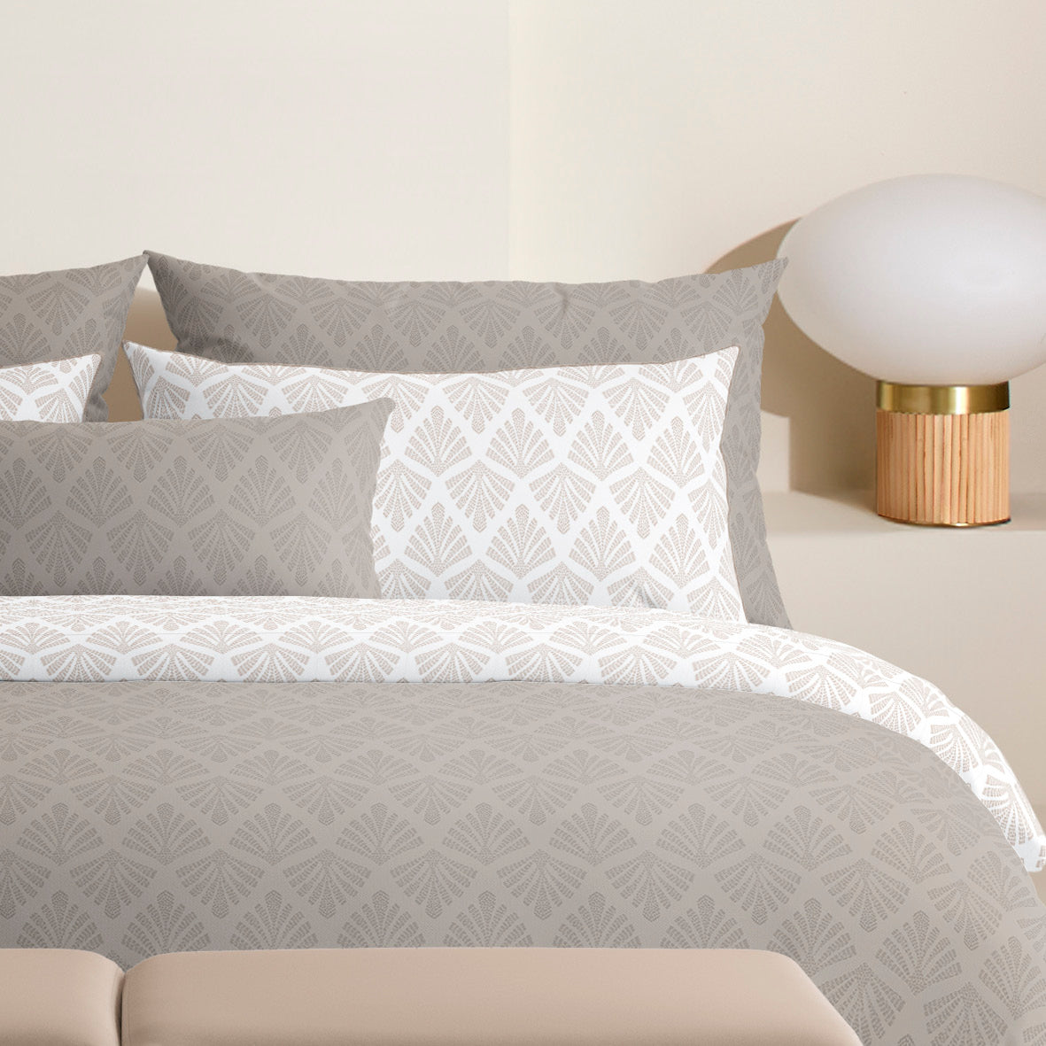 Duvet cover + pillowcase(s) cotton satin - Harmonie végétale Taupe / White