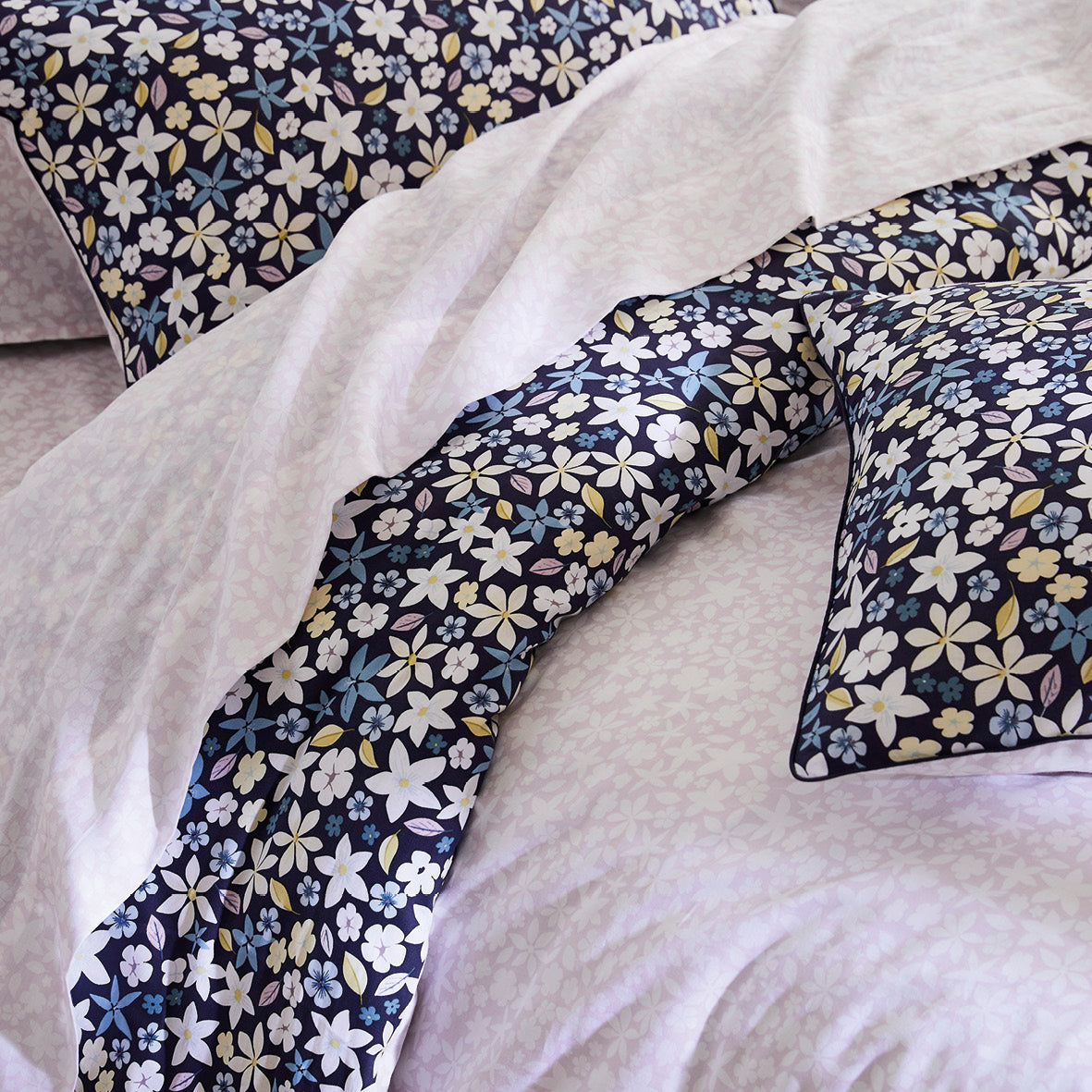 Taie de traversin satin de coton - Etoile de Printemps Bleu