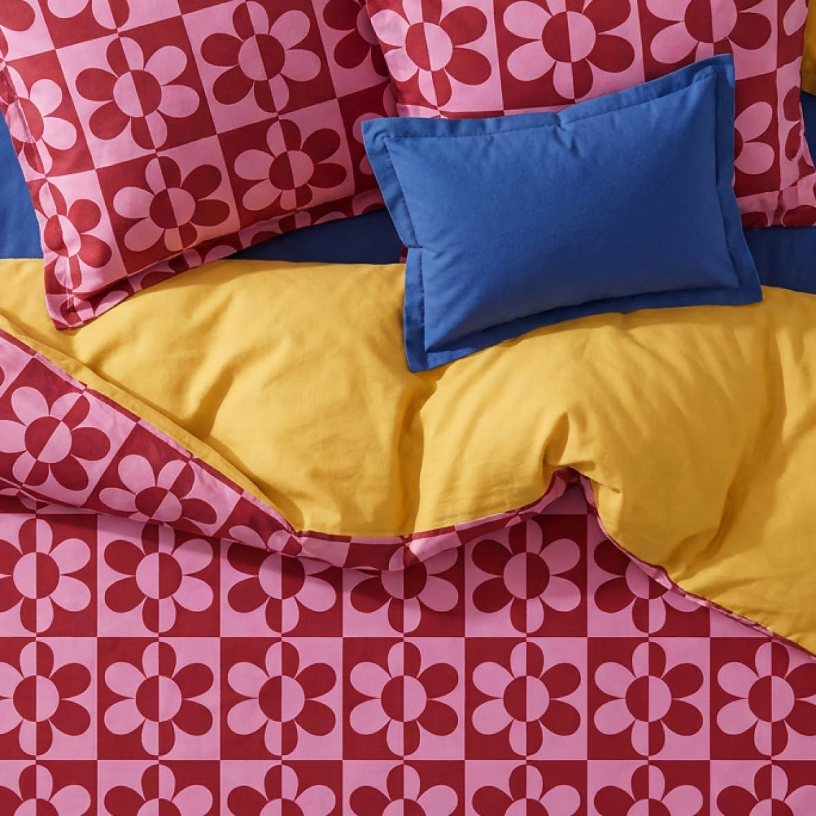 Duvet cover + pillowcase cotton satin - Pop flower - Pink / Honey gold