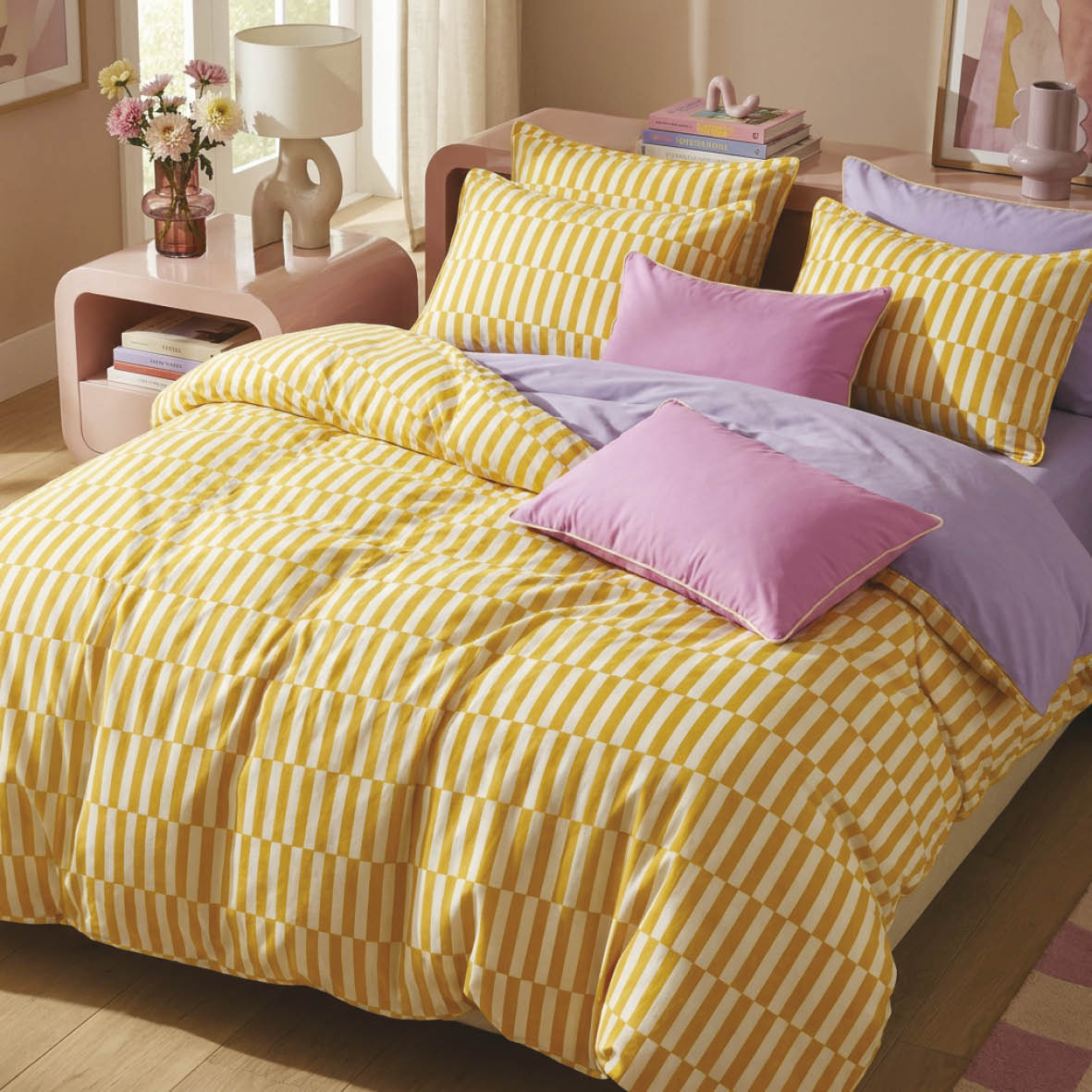 Duvet cover + pillowcase cotton satin - Cadence rayée - Yellow / Lavender
