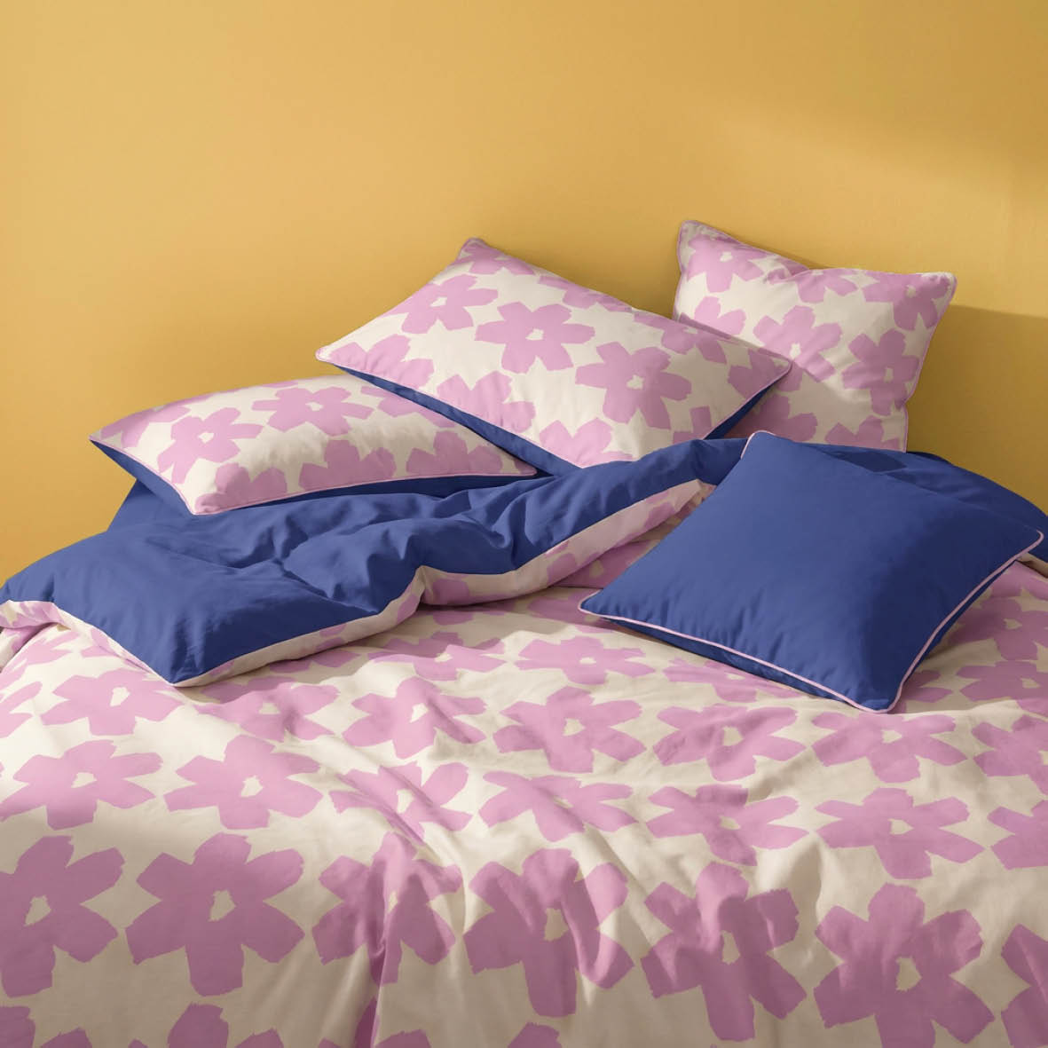 Duvet cover + pillowcase cotton satin - Pervenche - Pink / Cobalt blue