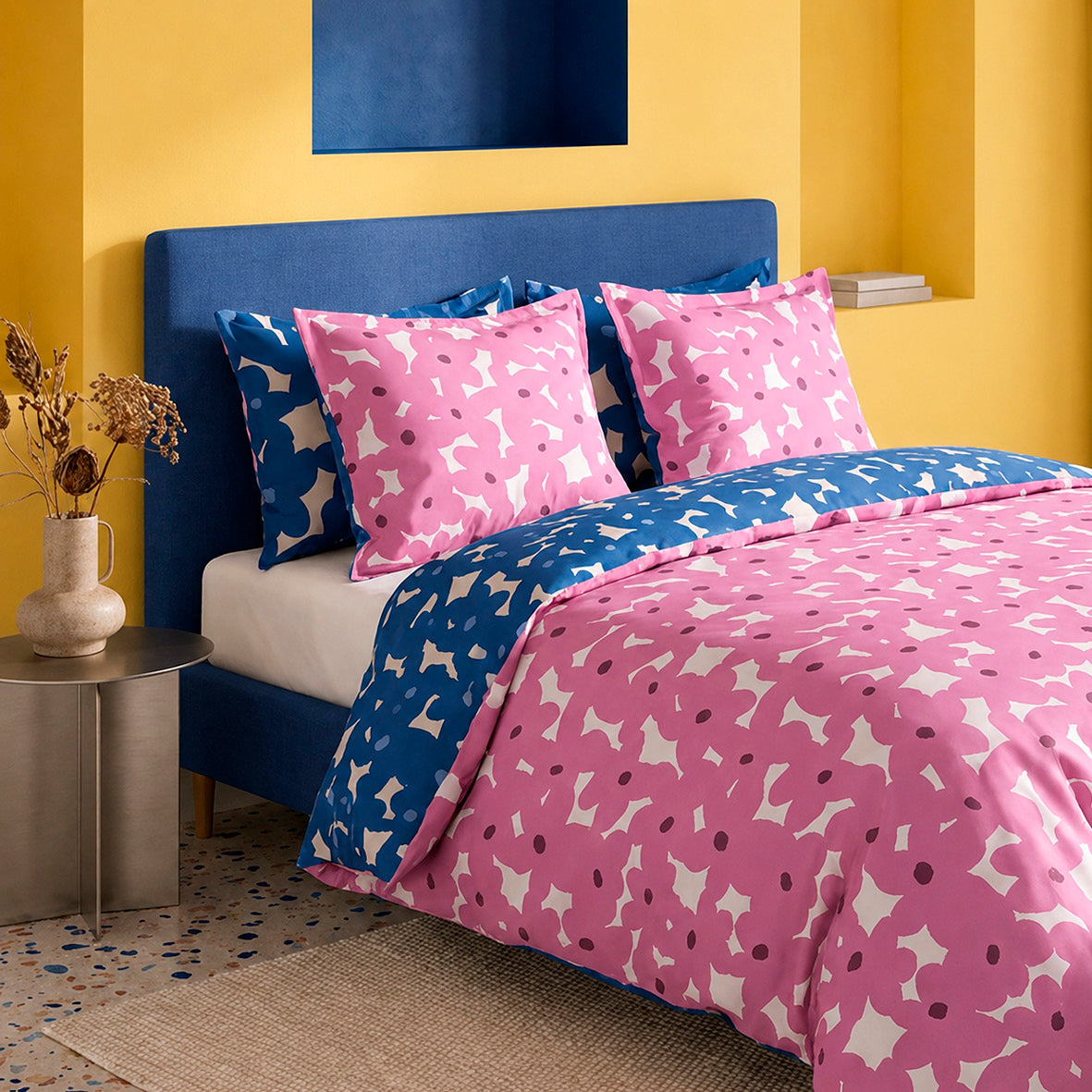Duvet cover + pillowcase cotton satin - Pulsation florale - Pink / Blue