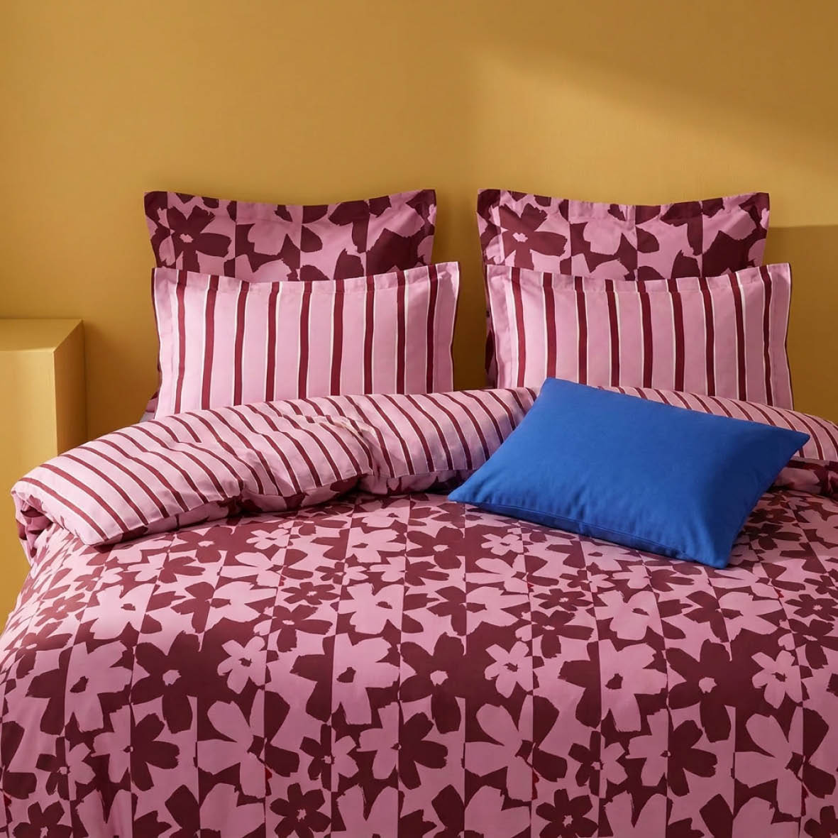 Duvet cover + pillowcase cotton satin - Éclosion carmine - Pink / Red