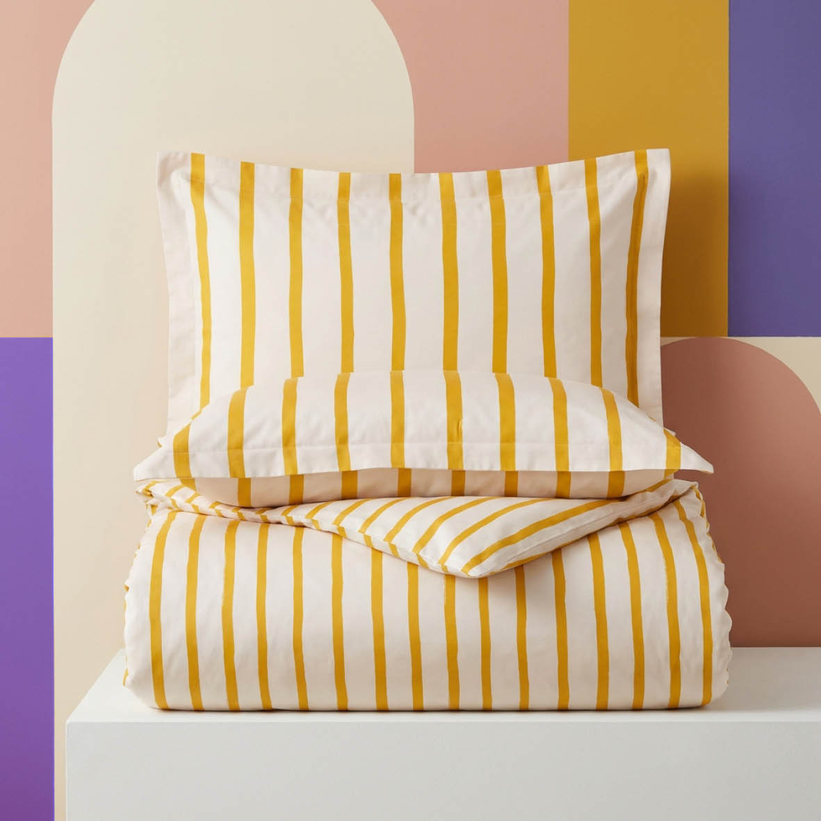 Duvet cover + pillowcase cotton satin - Sérénité rayée - Yellow