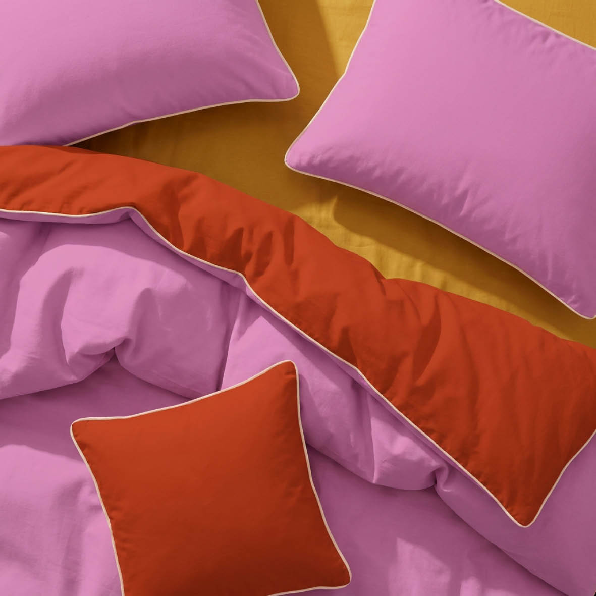 Duvet cover + pillowcase cotton satin - Uni piping - Bubblegum / Spicy pumpkin