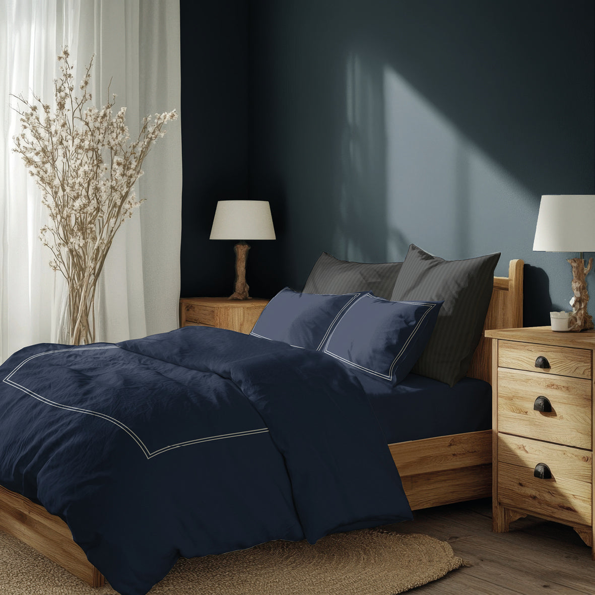 Flat sheet cotton satin - Annecy White / Dark blue