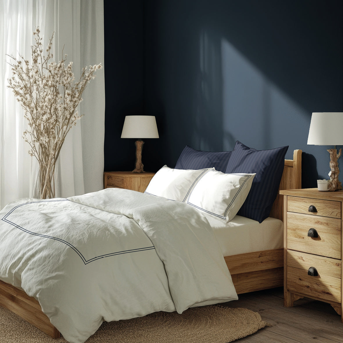 Duvet cover + pillowcase cotton satin - Annecy Dark blue / White