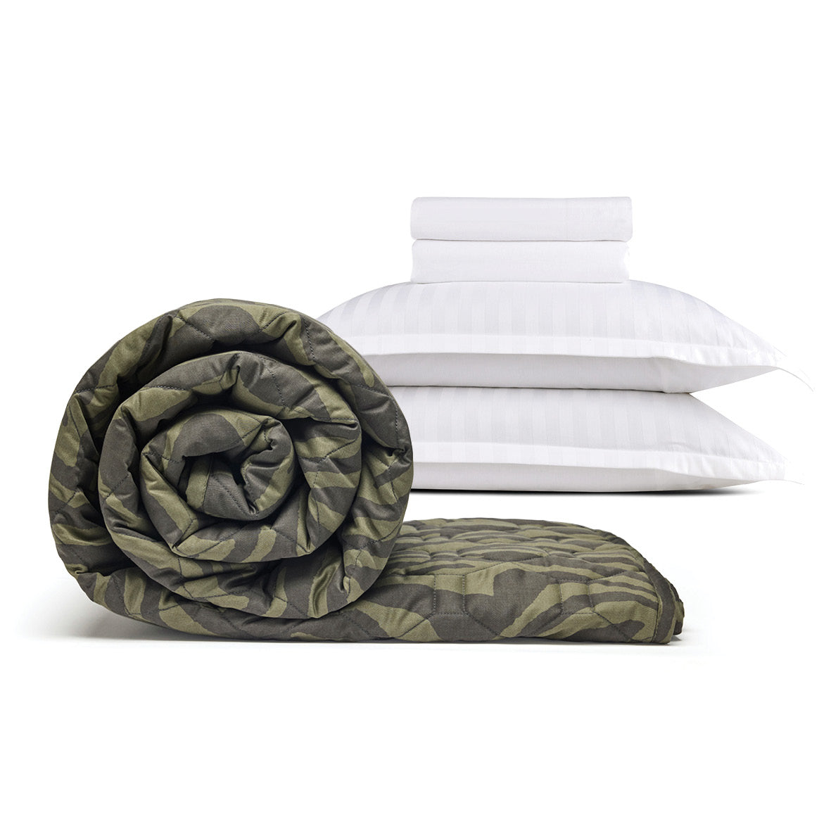 Sheet set + bedspread cotton satin - Dobby stripe woven / Evasion zébrée White / Dark green