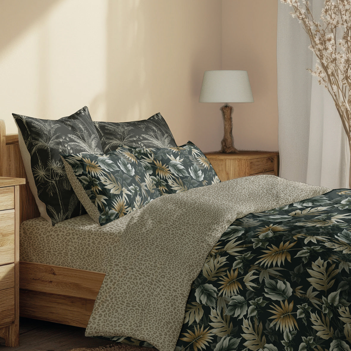 Duvet cover + pillowcase cotton satin - Nuit tropicale Khaki