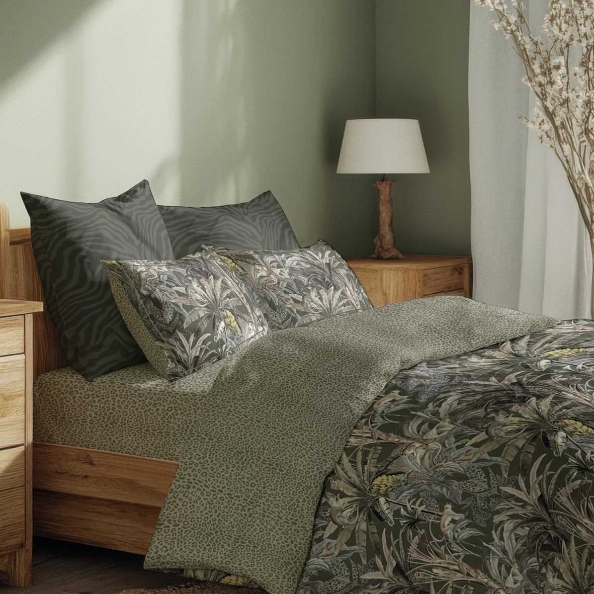 Duvet cover + pillowcase cotton satin - Safari botanique Green