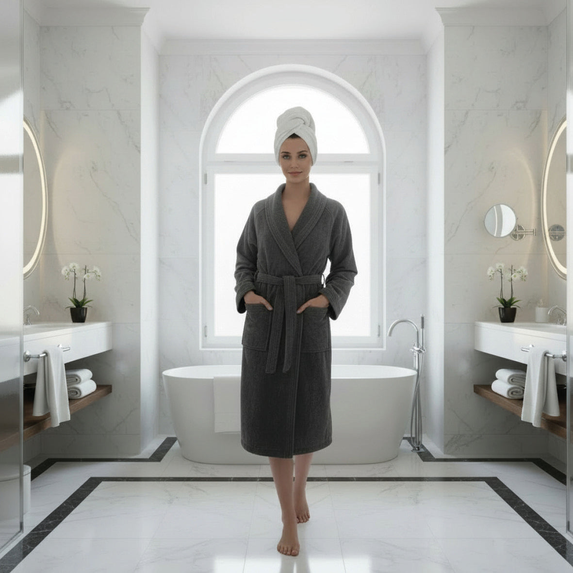 Bathrobe with shawl collar cotton velvet - Uni Dark grey