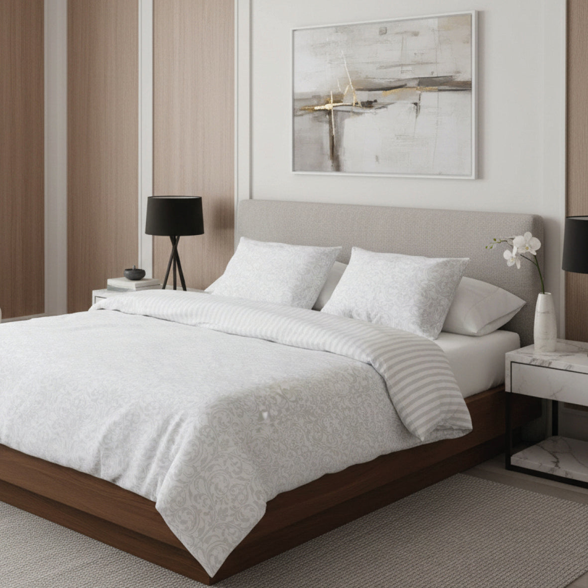 Duvet cover + pillowcase cotton satin Jacquard woven - Dentelle royale White
