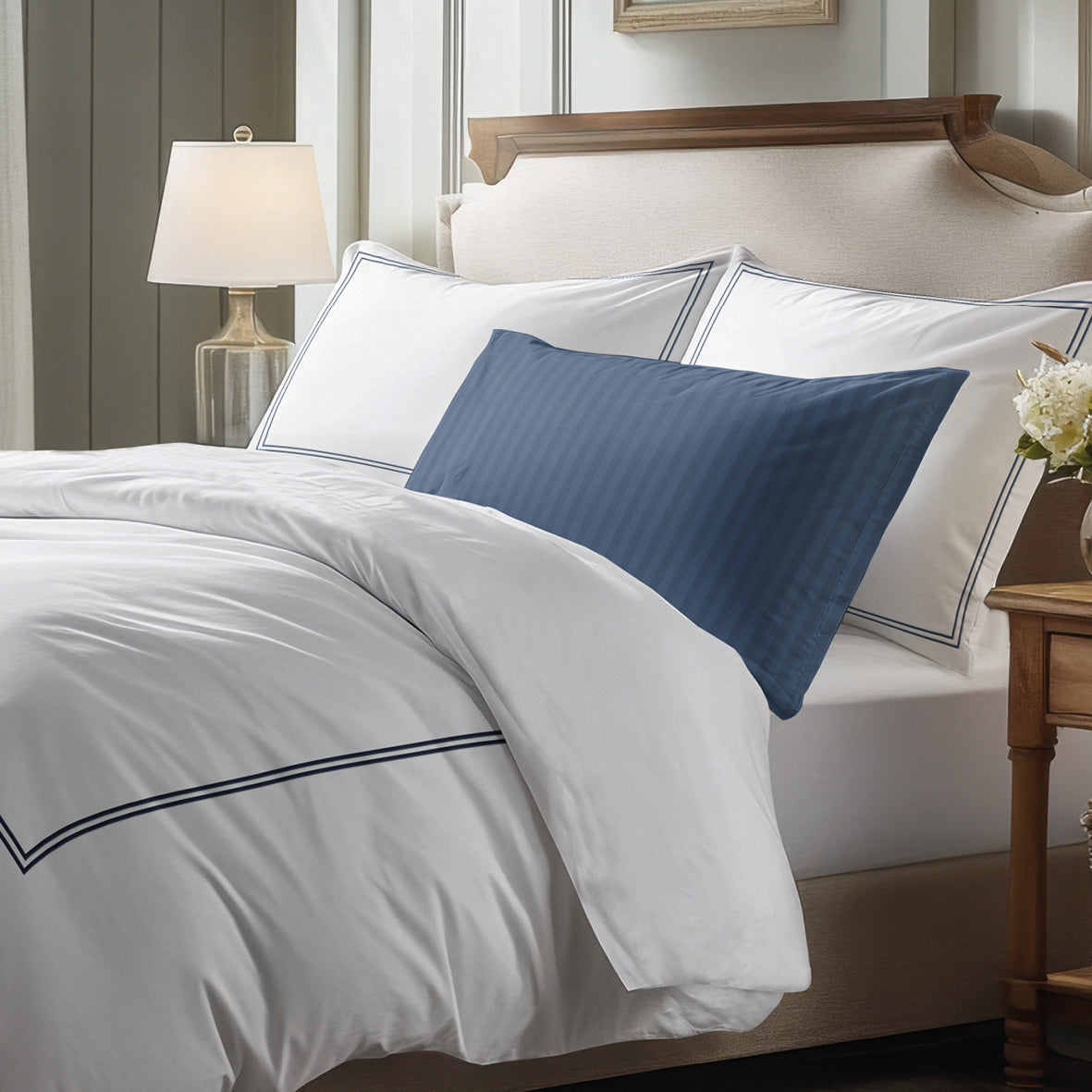 Flat sheet cotton satin - Cannes Dark blue / White