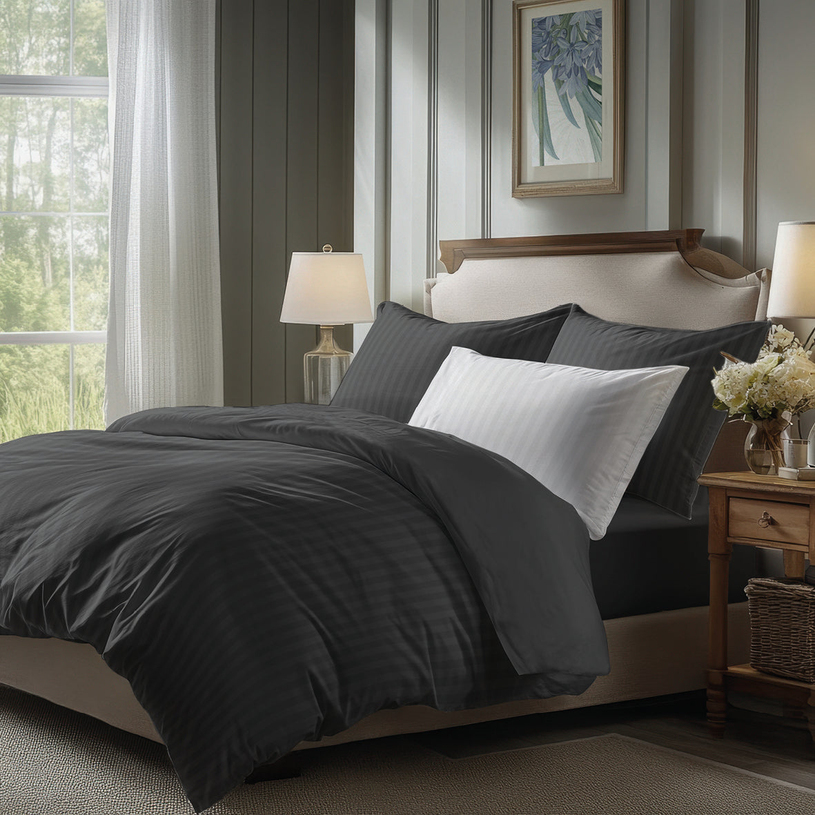 Duvet cover + pillowcase cotton satin dobby stripe woven - Black