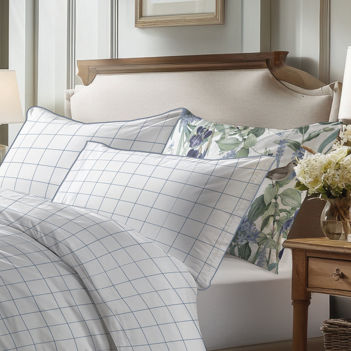 Duvet cover + pillowcase(s) cotton satin - Caroline White / Blue