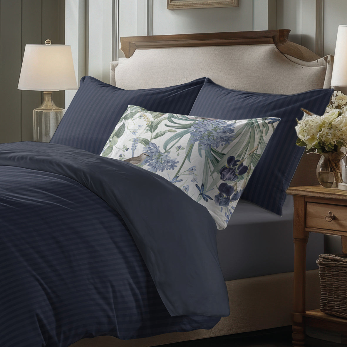 Sheet set cotton satin dobby stripe woven - Dark blue