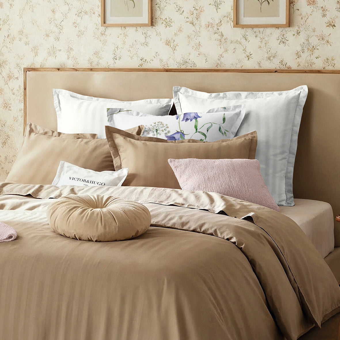 Duvet cover + pillowcase(s) cotton satin dobby stripe woven Taupe