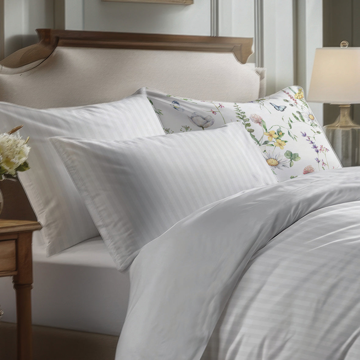 Duvet cover + pillowcase(s) cotton satin dobby stripe woven - White