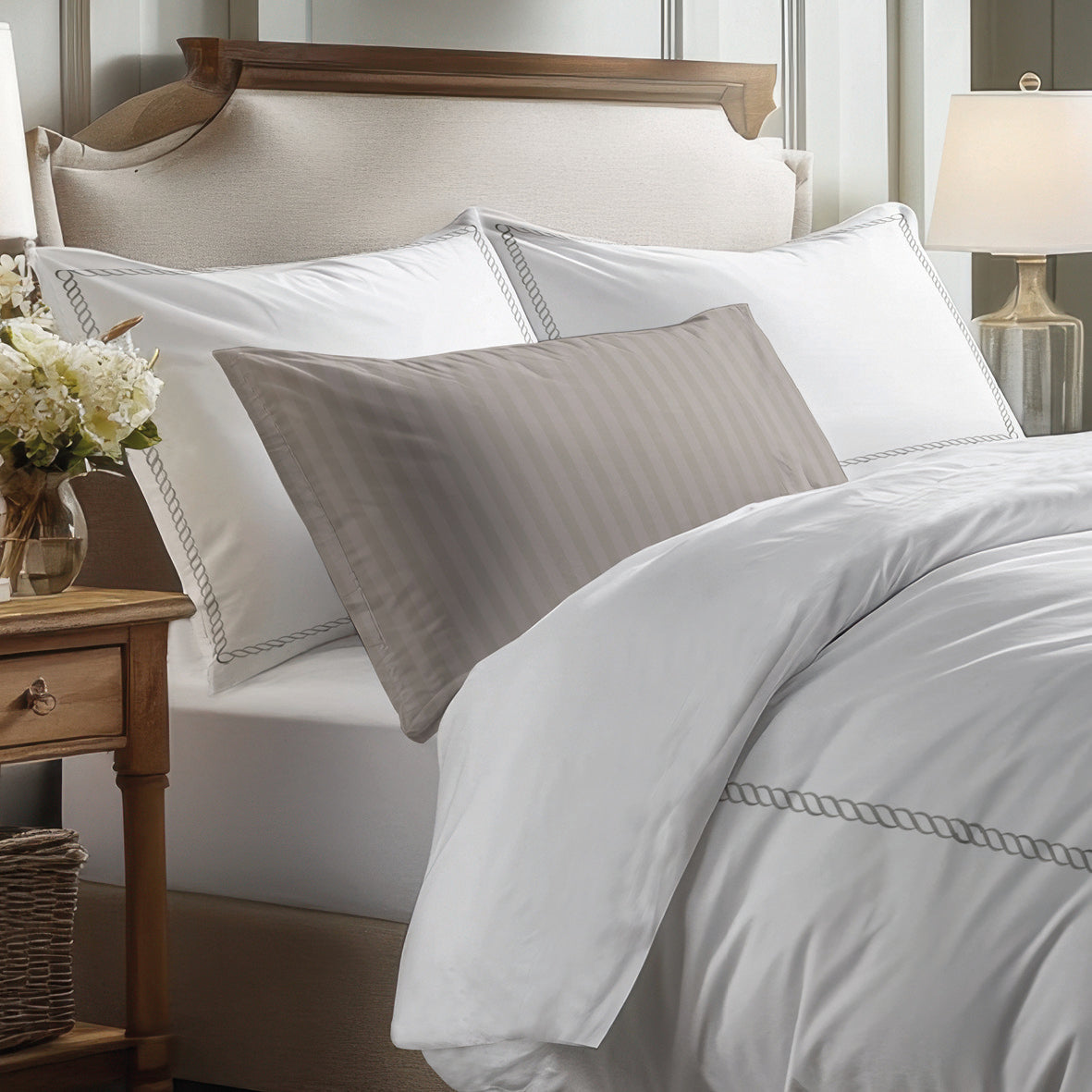 Housse de couette + taie d'oreiller satin de coton - Douceur royale Gris / Blanc