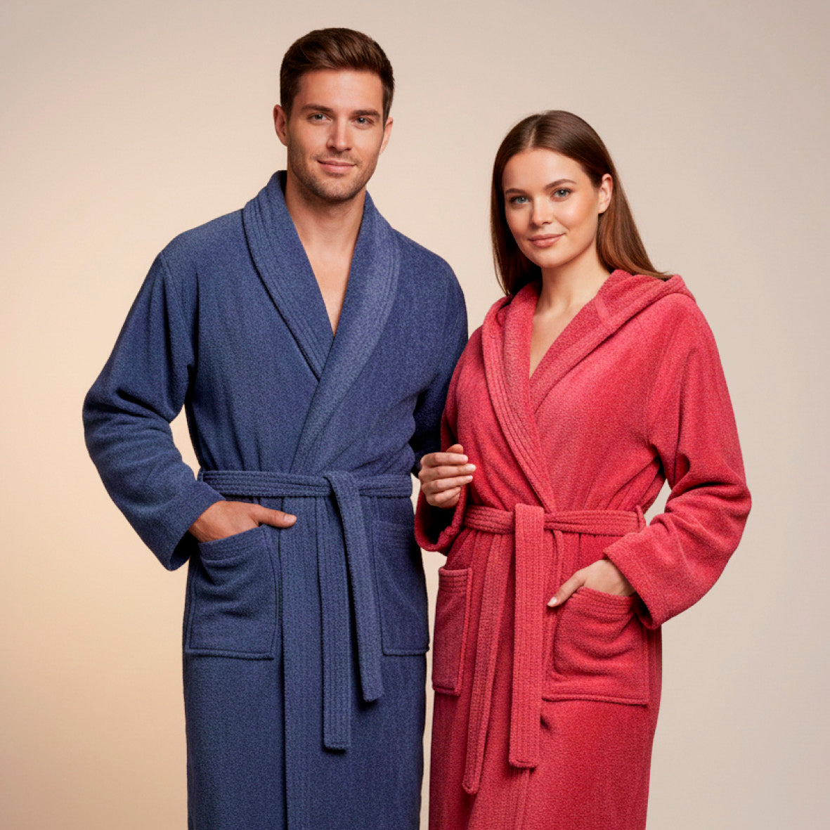 Peignoir avec col châle en coton velours - Uni Bleu gris