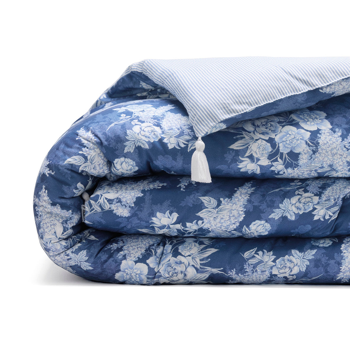 Quilt with tassels cotton satin - Azur fleuri blue - 140 x 200 cm