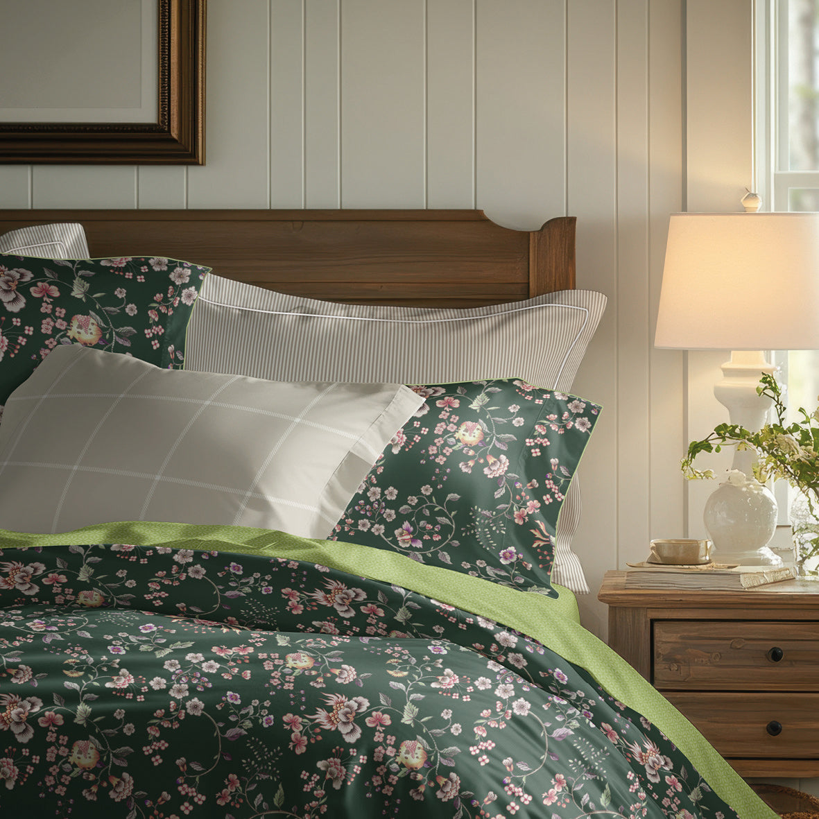 Duvet cover + pillowcase cotton satin - Serment fleuri Green
