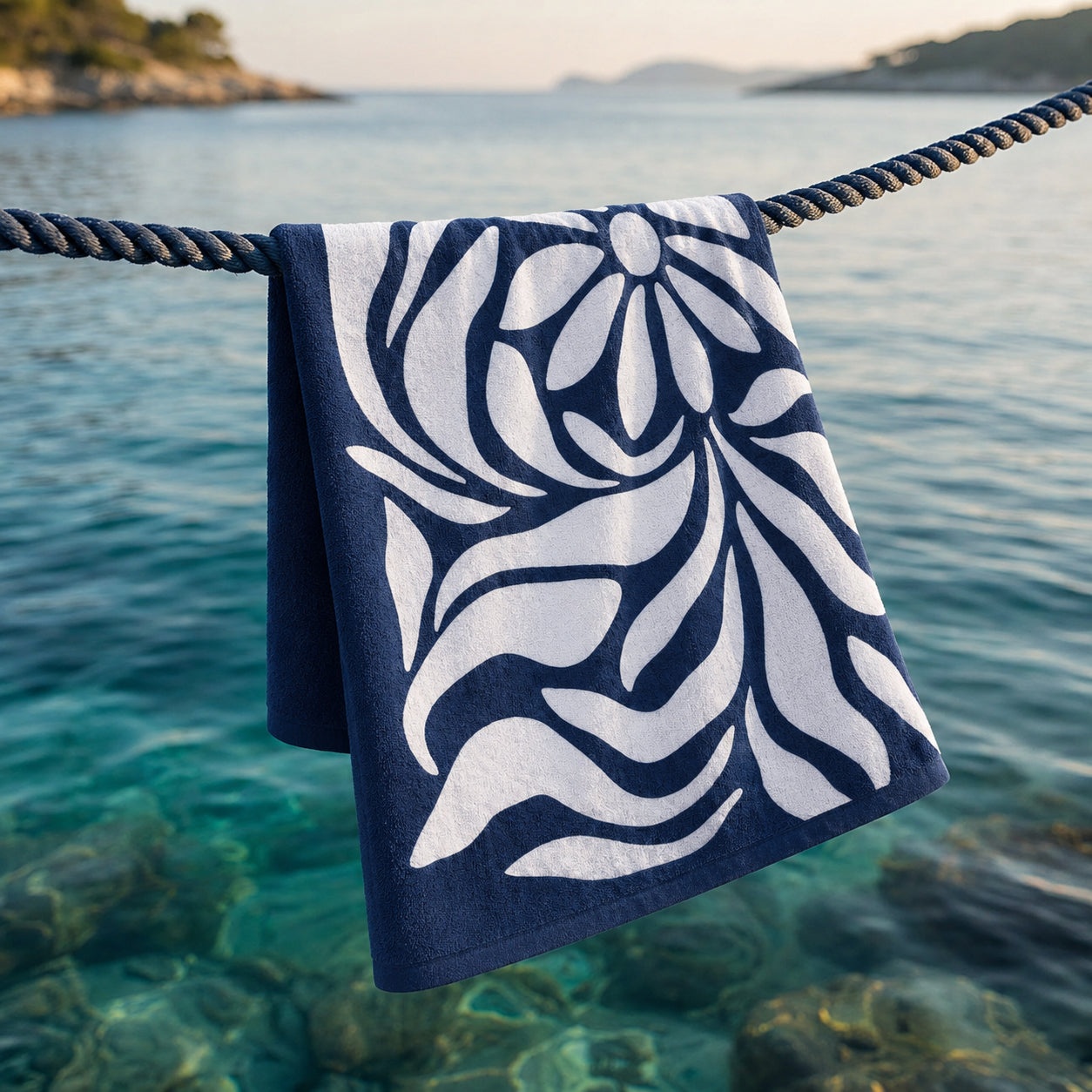 Beach towel cotton velvet - Florawave Dark blue - 90 x 180 cm