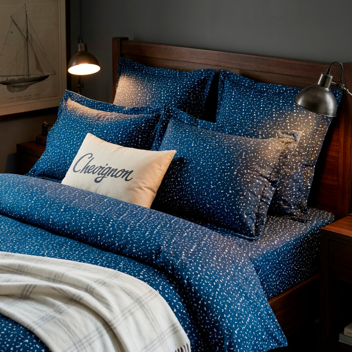 Fitted sheet cotton satin - Galaxie de points Blue