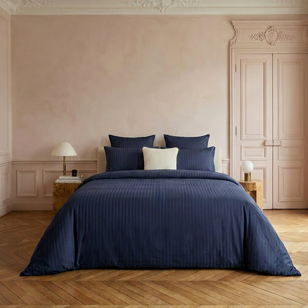 Duvet cover + pillowcase(s) cotton satin dobby stripe woven - Dark blue 240 x 240 cm + 2 x (50 x 70 cm)