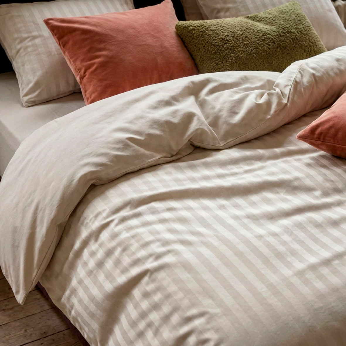 Flat sheet cotton satin - Dobby stripe woven Warm taupe
