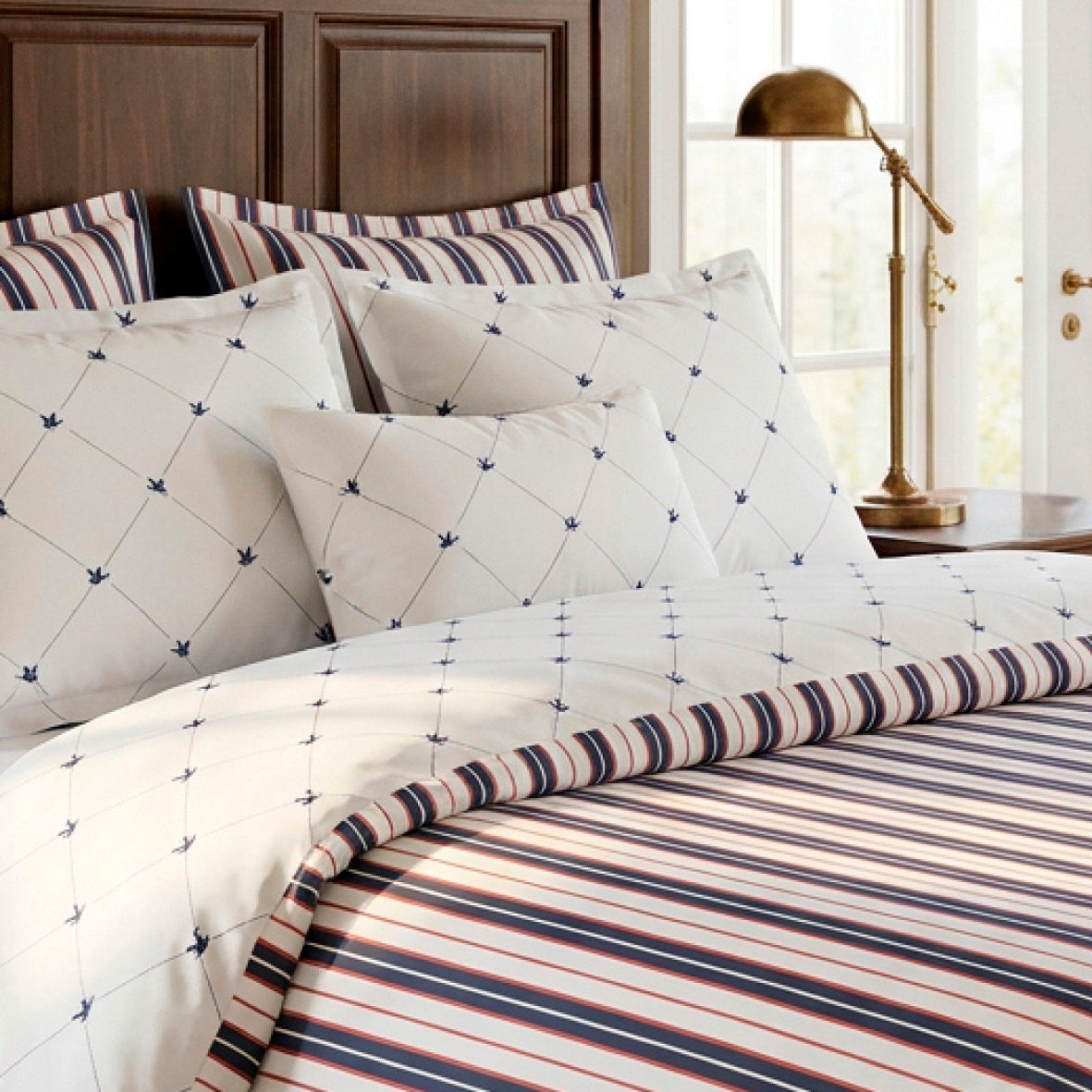Duvet cover + pillowcase cotton satin - Ligne atlantique White / Blue