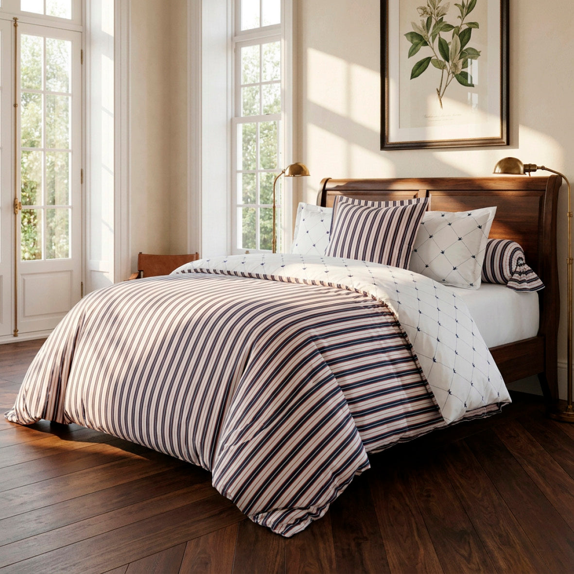 Flat sheet cotton satin - Ligne atlantique White / Blue