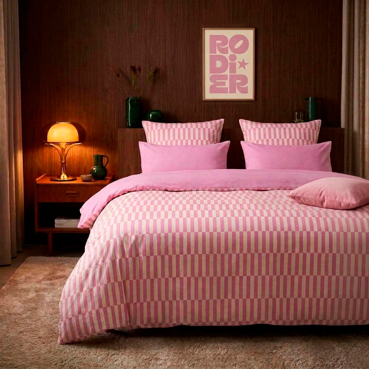 Duvet cover and pillowcase(s) set - 100% cotton sateen TC200 - Rayures alternées - pink / bubblegum