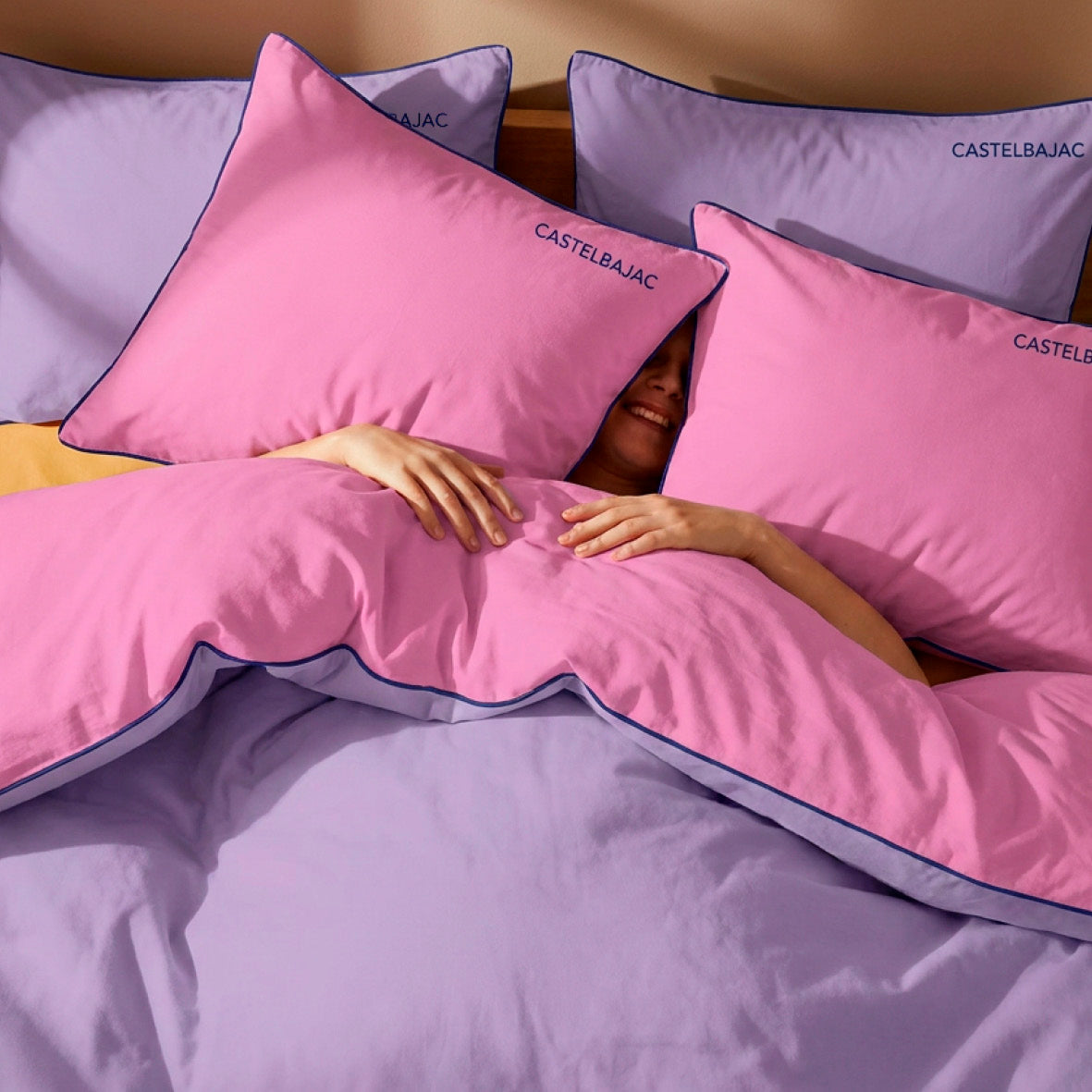 2 pillowcases - 100% cotton sateen TC200 - Uni piping - lavender / bubblegum