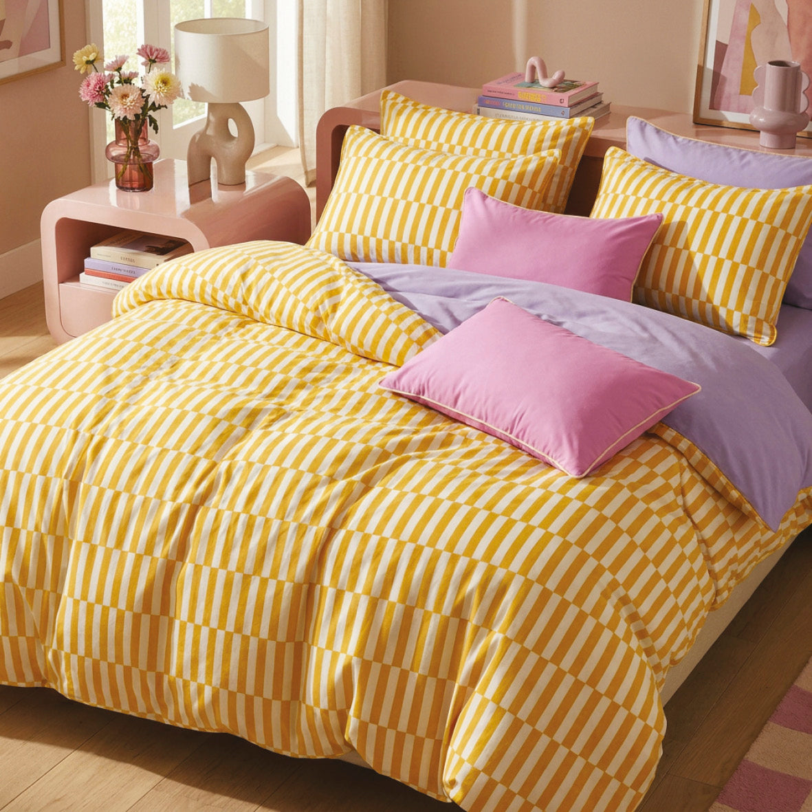 Duvet cover and pillowcase(s) set - 100% cotton sateen TC200 - Cadence rayée - yellow / lavender