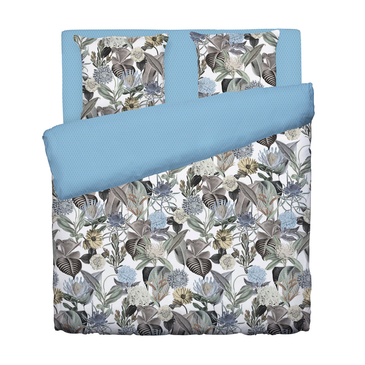 Duvet cover + pillowcase(s) cotton satin - Garden Light Blue
