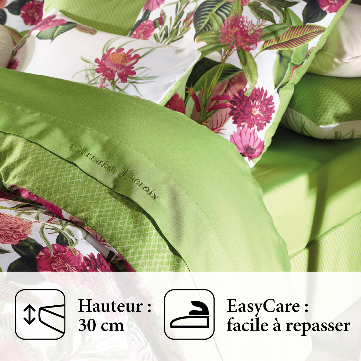 Fitted sheet cotton satin Garden Micro Green - 80 x 200 x 30 cm