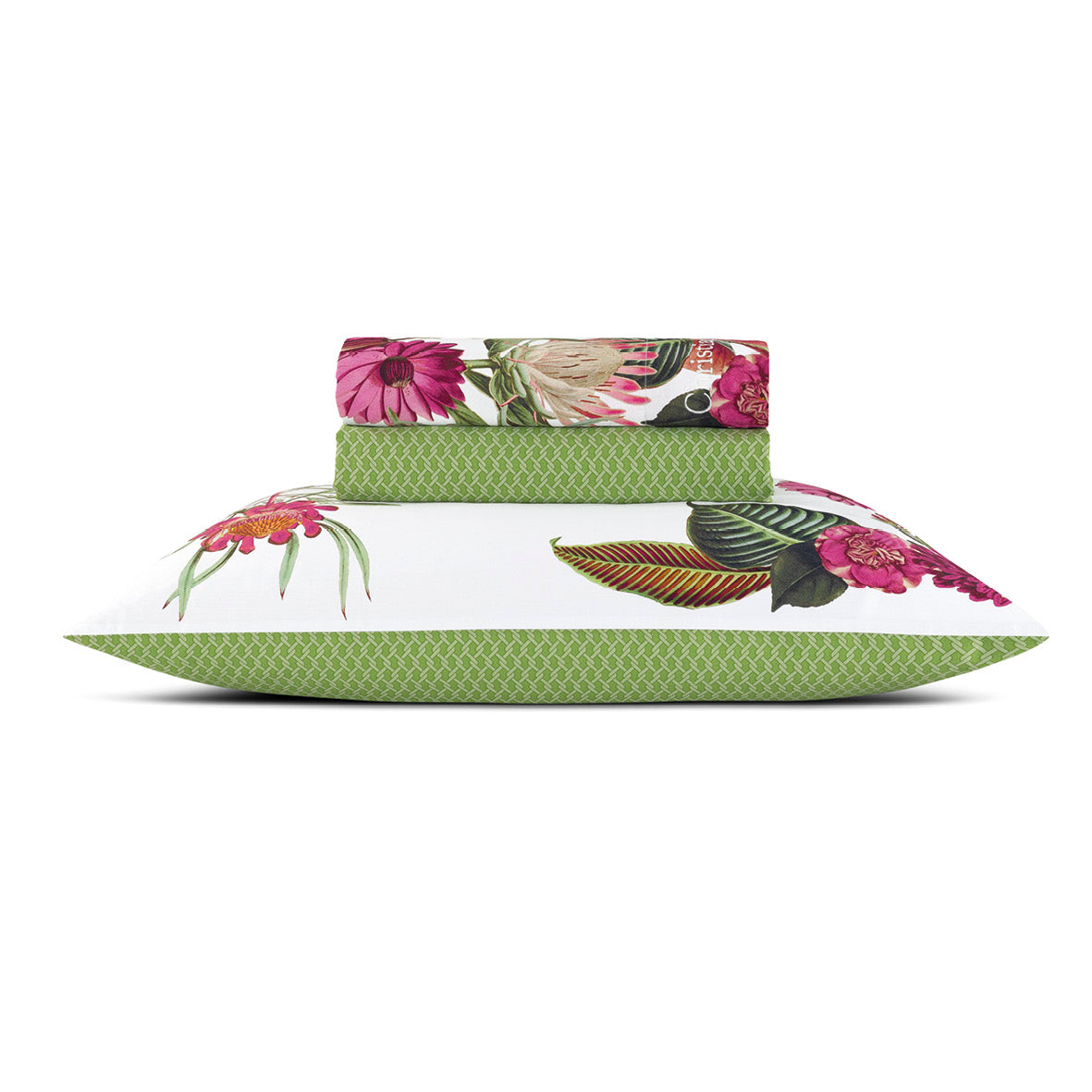 Set of sheets : fitted sheet, flat sheet, pillowcase(s) in cotton satin - Garden Vert Drap plat : 150 x 290 cm Drap-housse : 80 90 cm x 190 200 cm