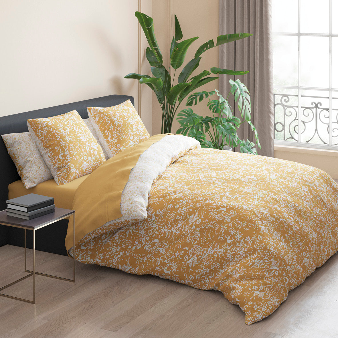 Set of 2 pillowcases cotton satin - Birds Yellow