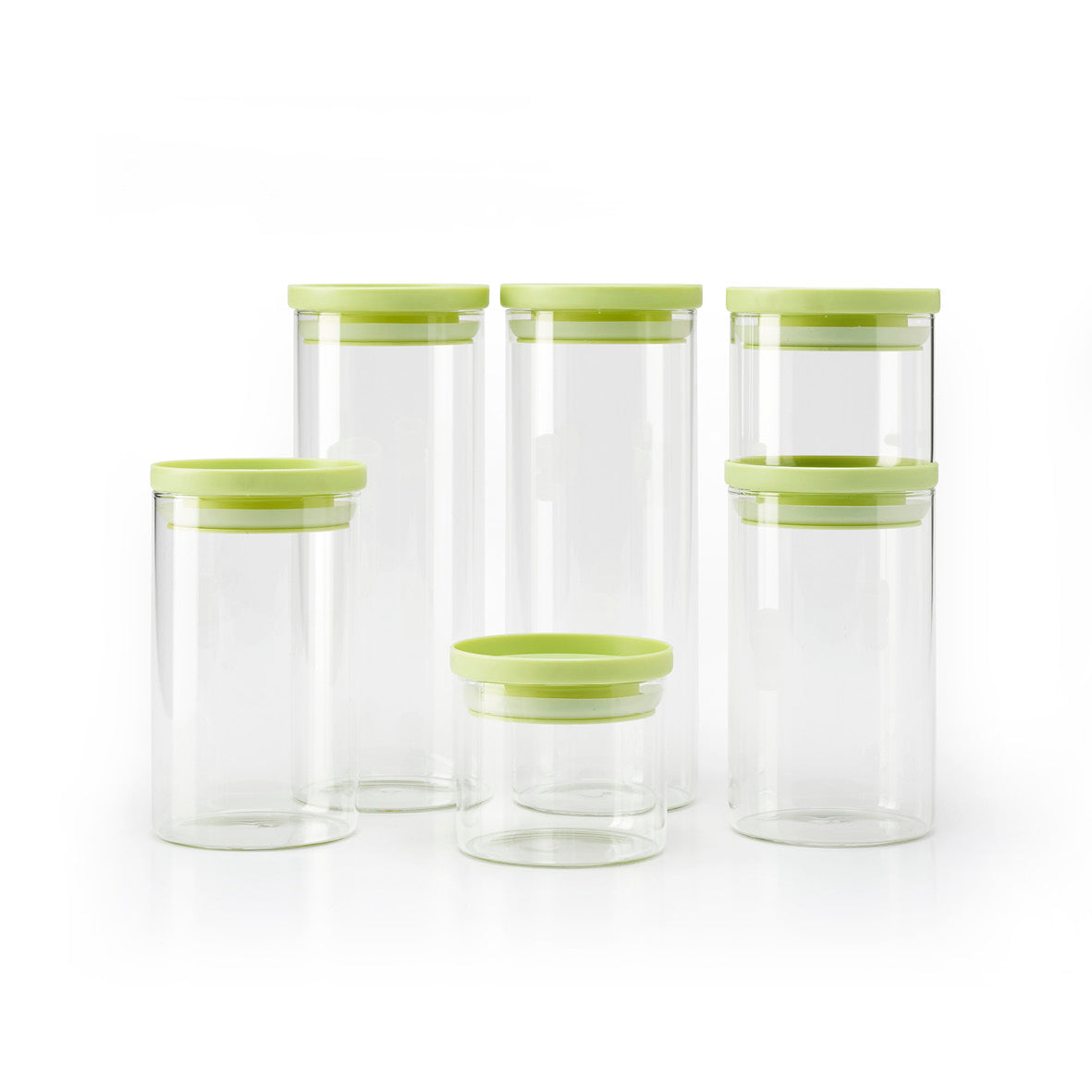 Set of 6 glass jars with plastic lid - transparent and green - 0.5l + 1L + 1.5L