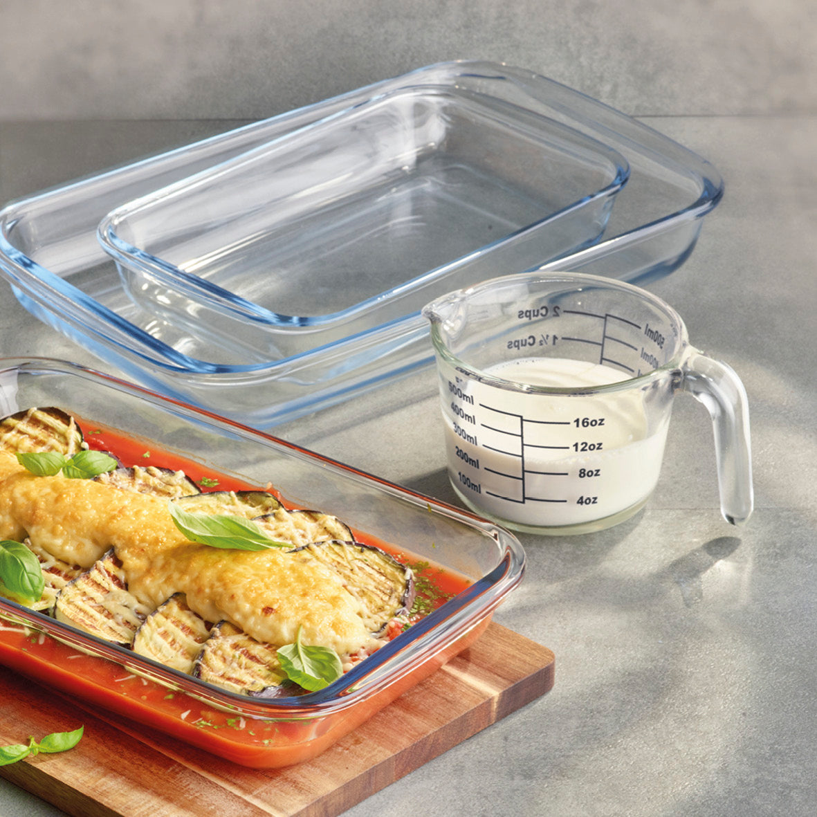 Set of 2 temperature resistant measuring cups in glass - with handle - 500 ml + 1000 ml