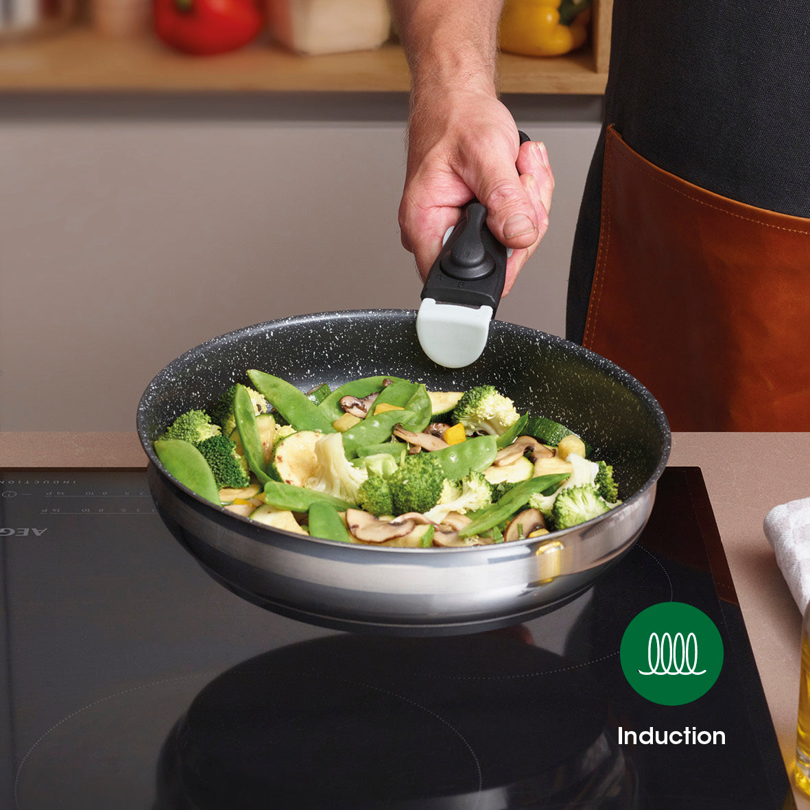 Set of 2 stainless steel frypans with non-stick coating with removable handle - Silver / black