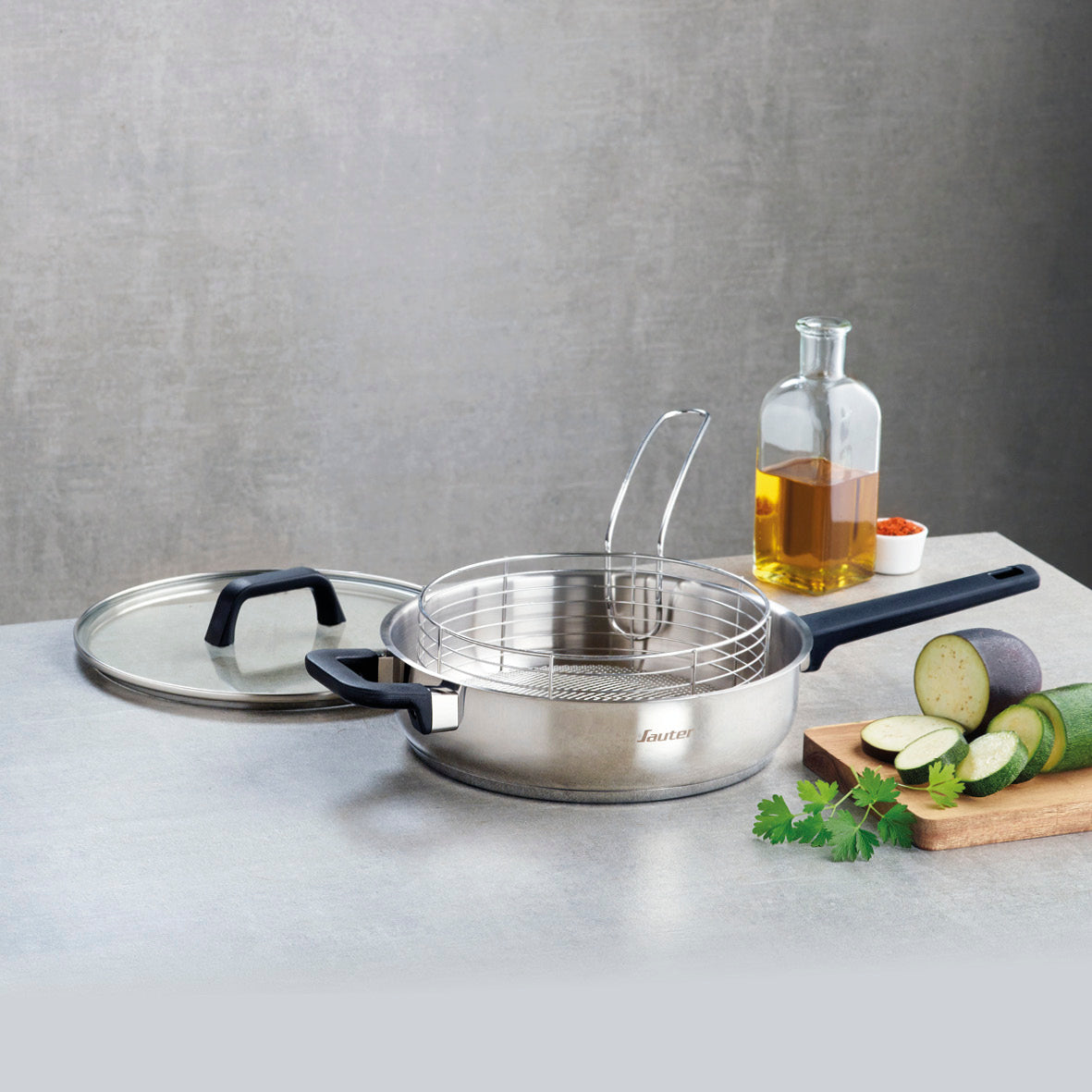 Skillet with glass lid Qulinox - Triple Bottom - Stainless steel - frying basket - Silver