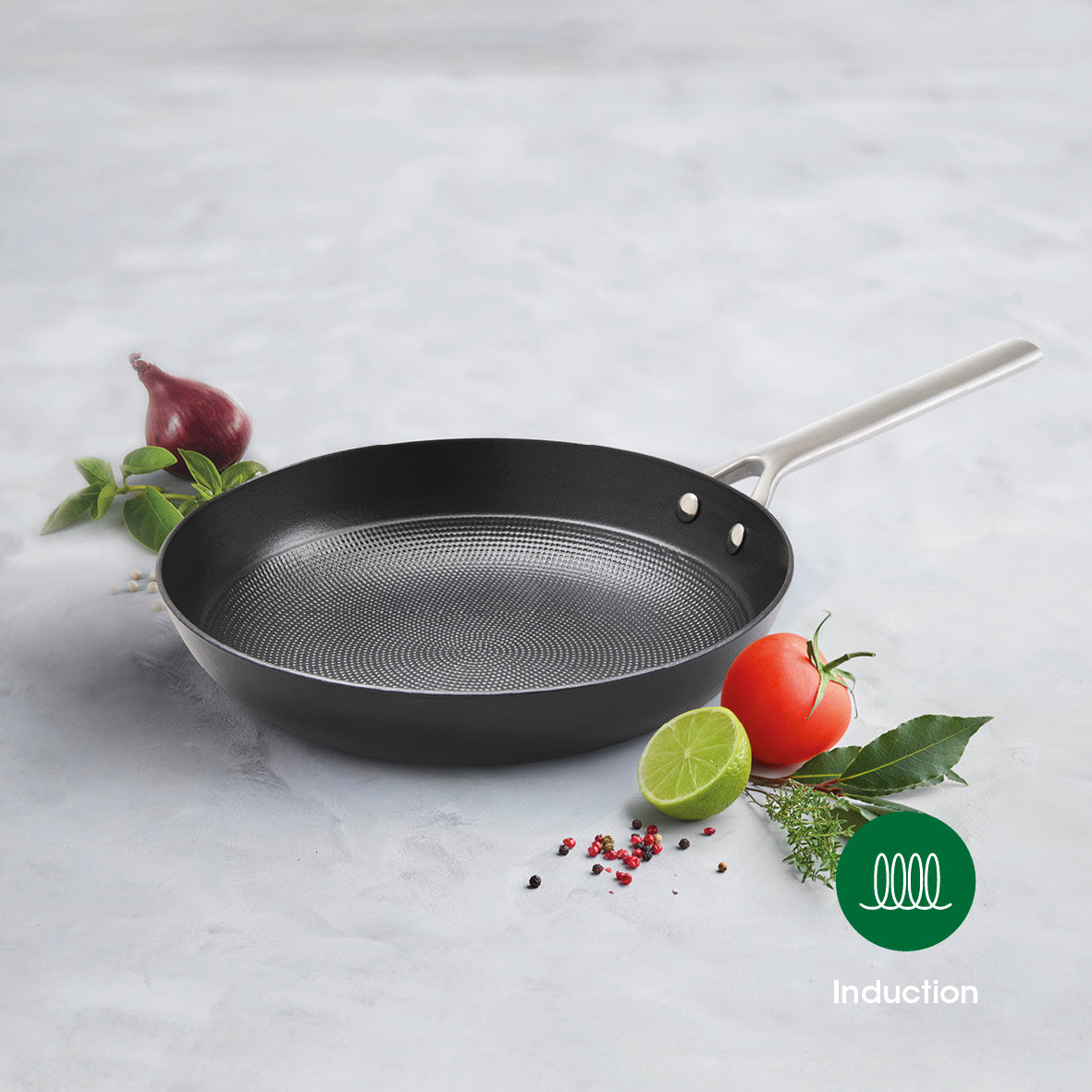 Set of 3 enameled cast iron frypans with stainless steel handle 20+ 24 + 28 cm - Black + 3 pan protectors - 6 PCS SET