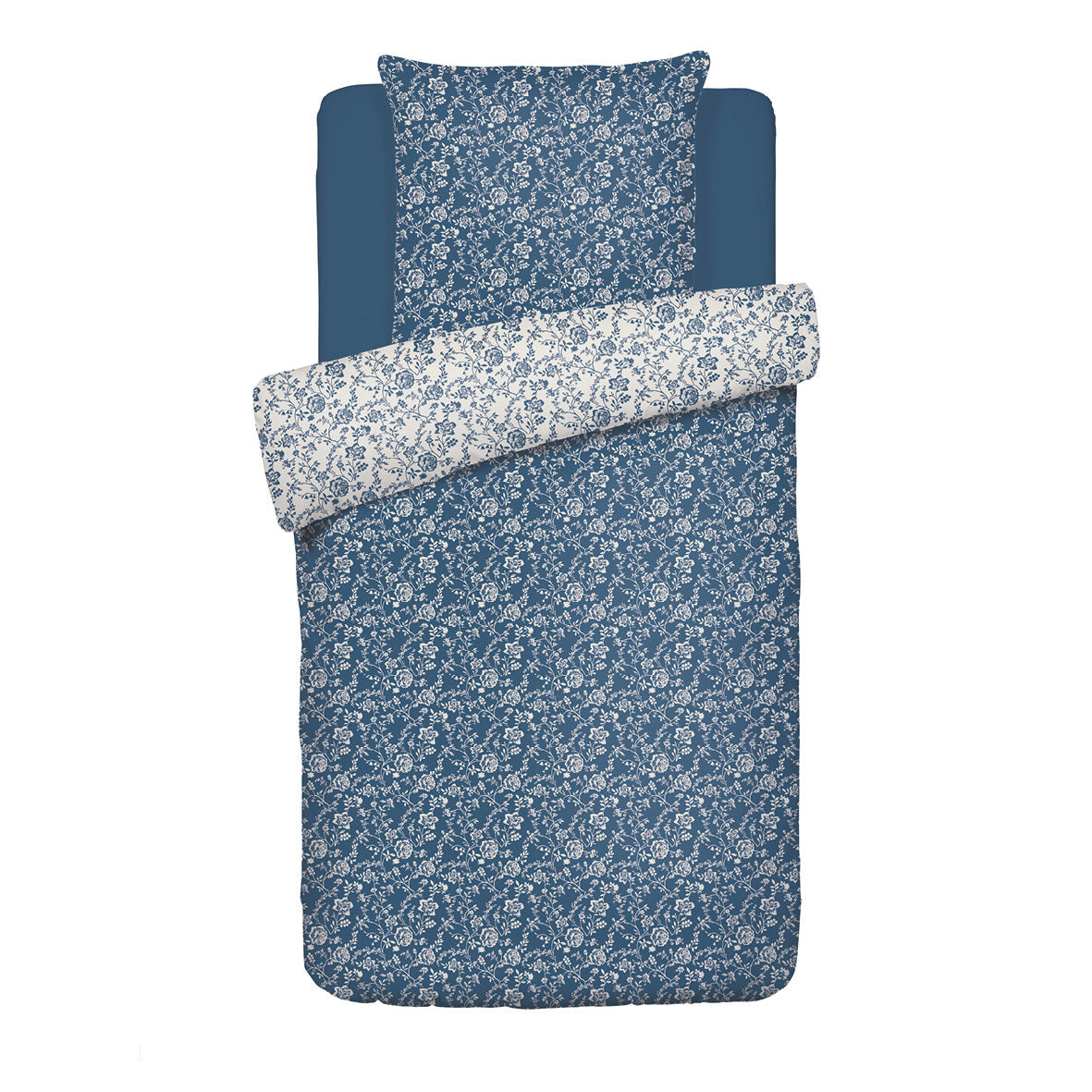 Set of 2 duvet covers + 2 pillowcases percale cotton flowers - Blue 2 x (135 x 200 cm) + 2 x (80 x 80 cm)