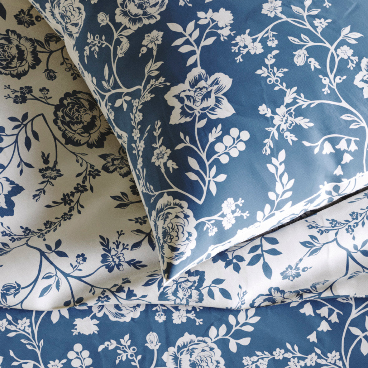 Pillowcase percale cotton flowers - Blue