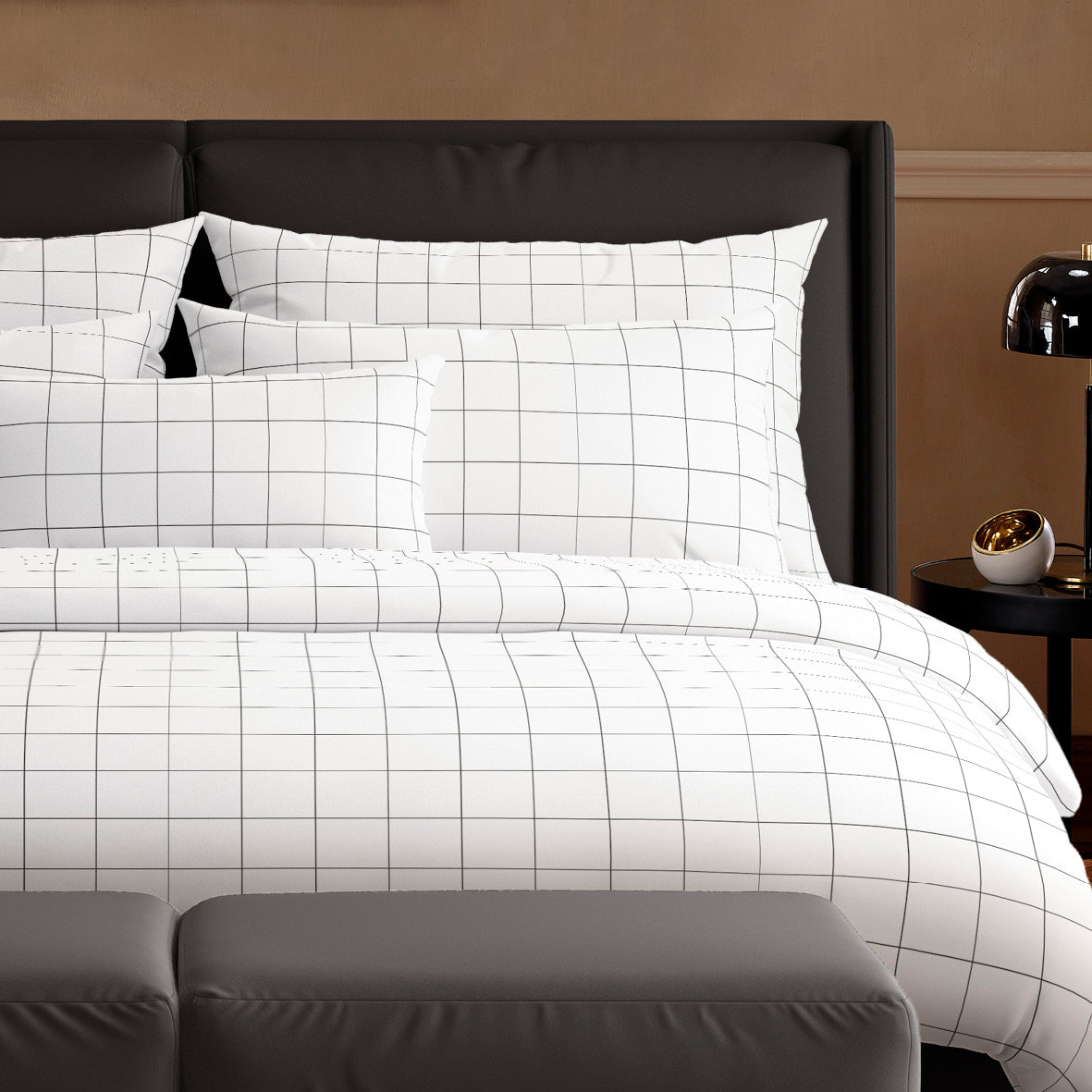 Duvet cover + pillowcase(s) cotton satin - Motif à carreaux White