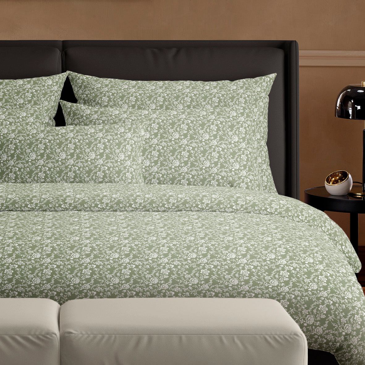 Duvet cover + pillowcase(s) cotton satin - Fleurs Green